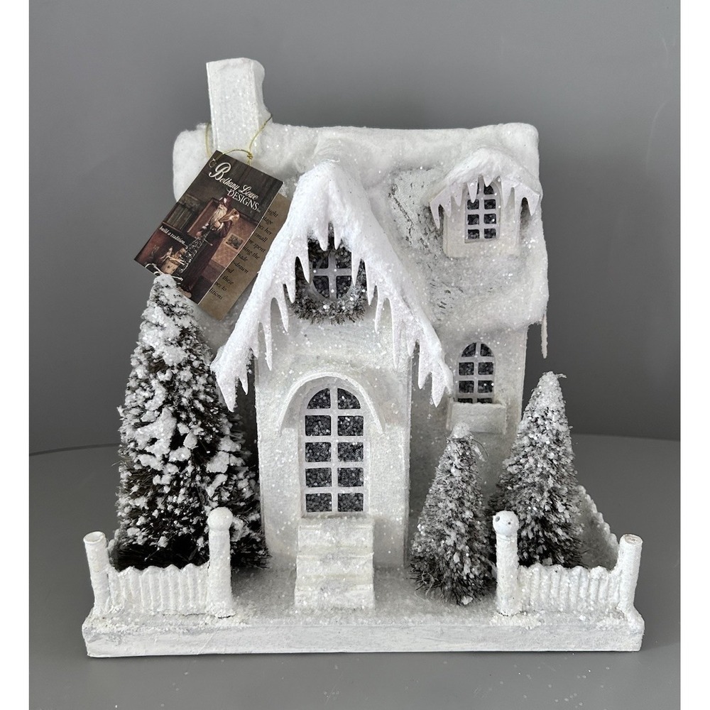 Bethany Lowe Designs Putz Glitter White Snowy Christmas Village House W/ Trees